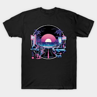 80s Vaporwave Palm Trees city Sunset T-Shirt